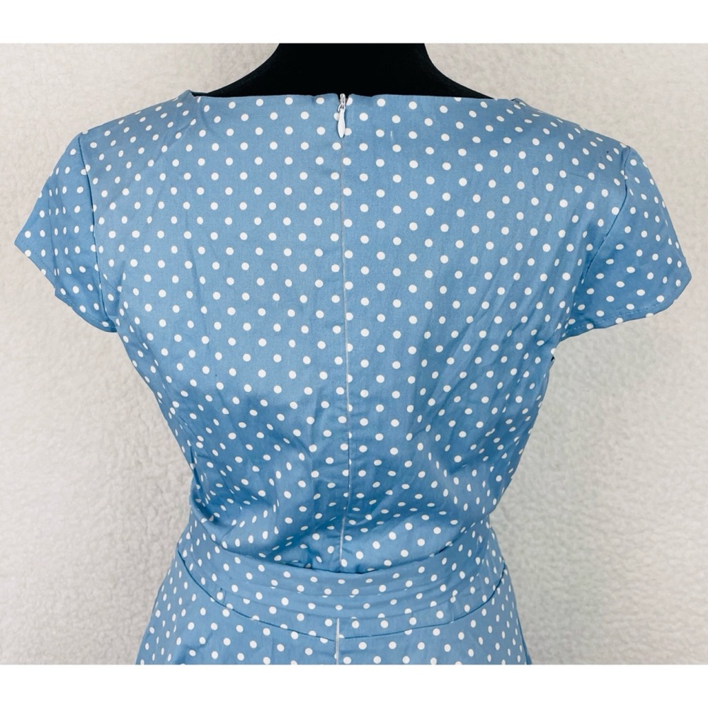 (NWOT) DRESSYSTAR • Blue/White Polka Dot Vintage-Inspired Cap Sleeve Dress, M - Picture 10 of 16